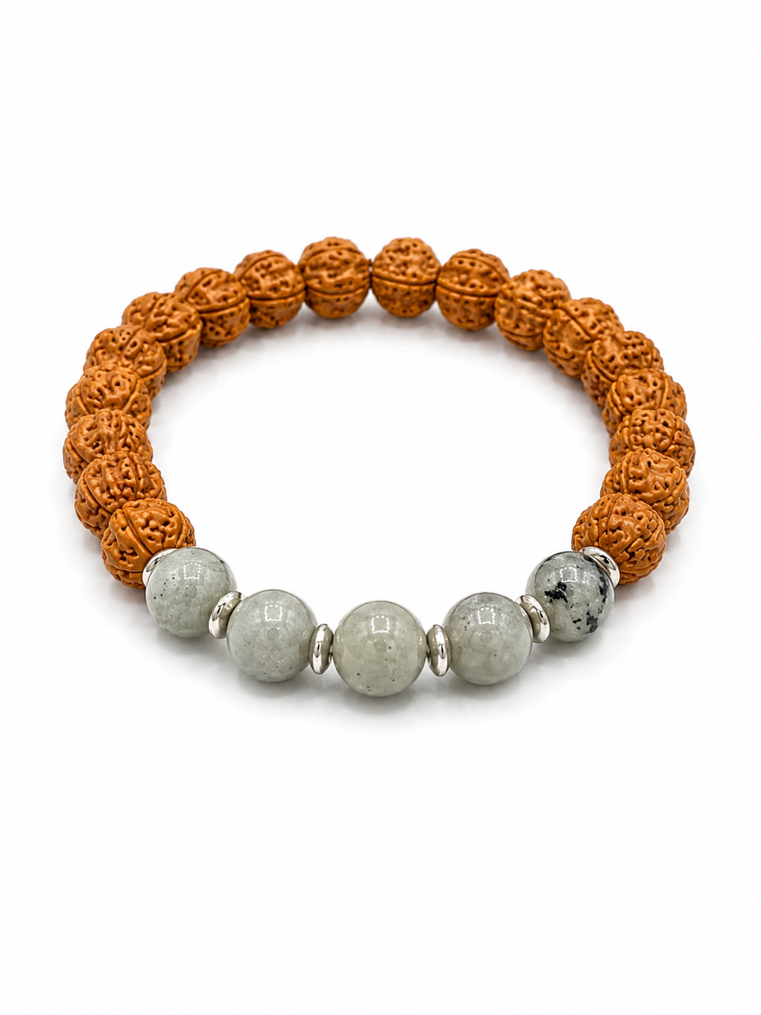 A beaded bracelet featuring textured orange-brown rudraksha beads and five smooth, light gray marbled beads separated by small silver spacer rings, shown on a plain white background.