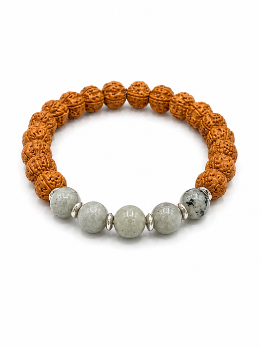 A beaded bracelet featuring textured orange-brown rudraksha beads and five smooth, light gray marbled beads separated by small silver spacer rings, shown on a plain white background.
