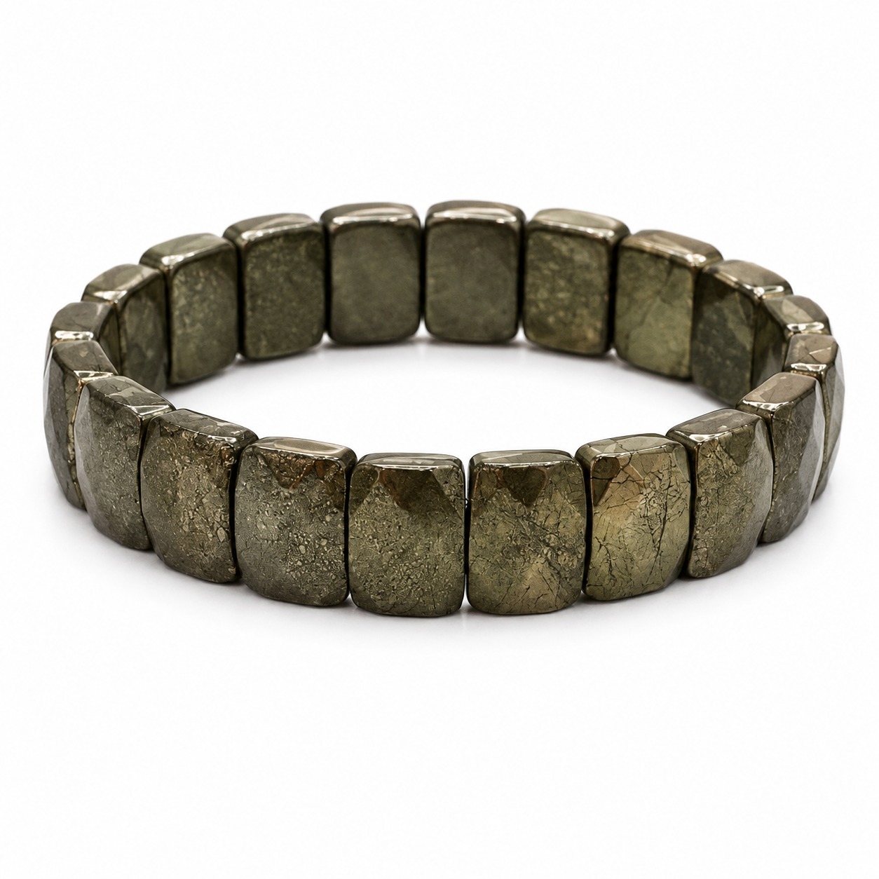 A stretch bracelet made of rectangular metallic beads with a polished, metallic olive-bronze finish, shown on a plain white background.