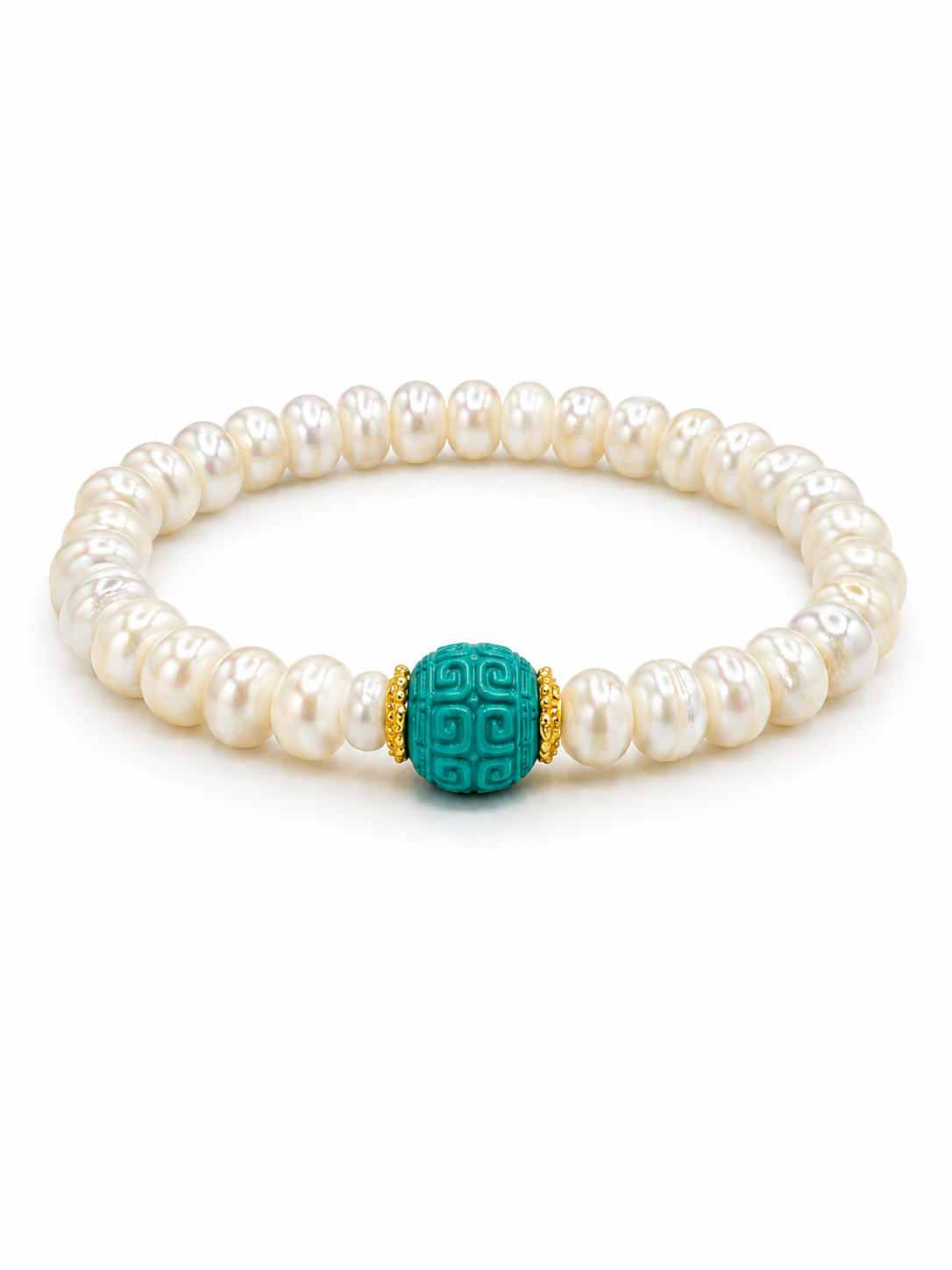 A beaded stretch bracelet featuring white baroque pearls and a central turquoise-colored textured bead with gold-toned side accents, shown on a plain white background.