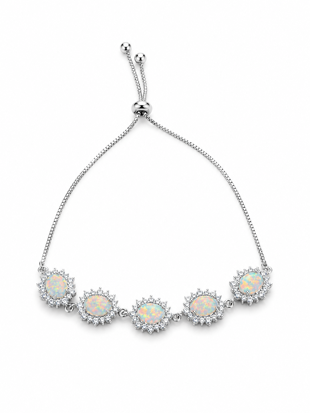 A silver chain bracelet featuring five oval opal gemstones in sunburst settings, surrounded by small clear stones, on a plain white background.
