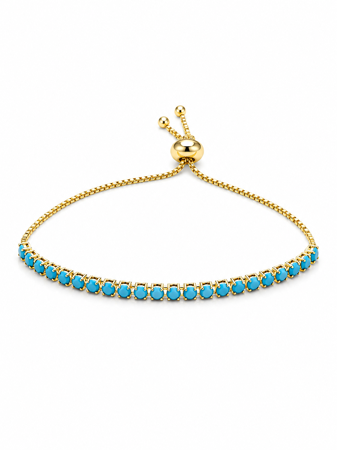 A gold-tone adjustable chain bracelet featuring a row of round turquoise-blue stones, displayed on a clean white background.