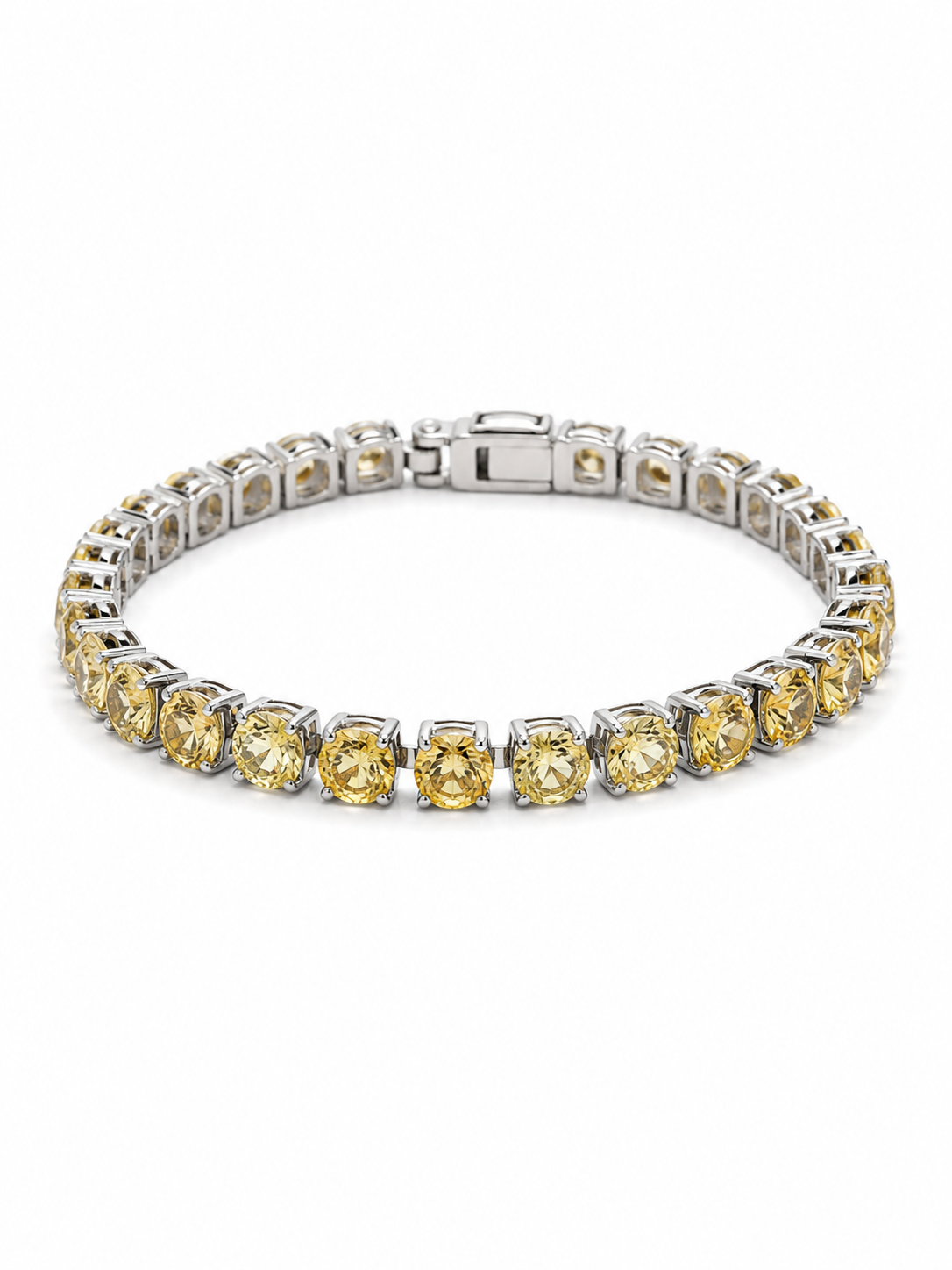 A tennis bracelet featuring round yellow gemstones in a silver-toned setting, arranged in a circular shape on a plain white background.
