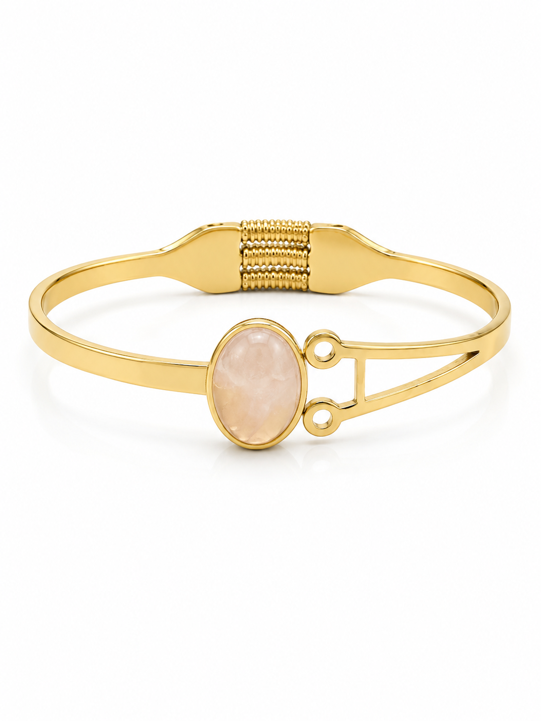 A gold-plated bangle bracelet featuring a central oval bezel-set pale pink stone, shown on a clean white background.
