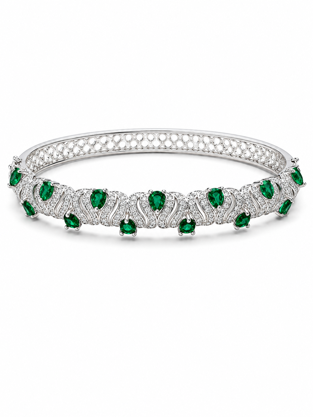 A silver tennis-style bangle bracelet featuring a row of green emerald-cut gemstones and pavé-set clear stones, shown on a plain white background.