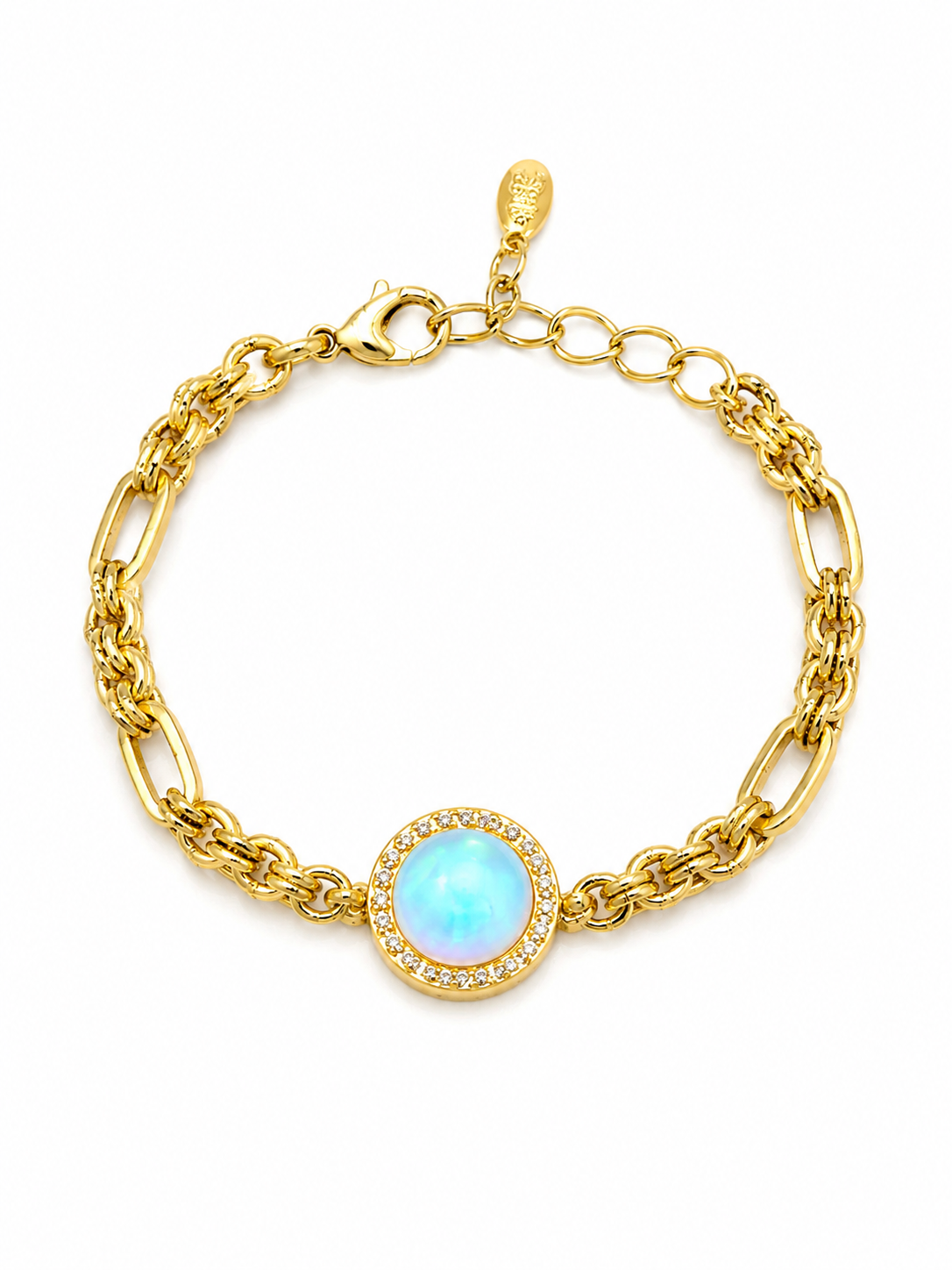 A gold chain bracelet with a central oval light blue opal-like stone surrounded by a halo of small clear crystals, shown on a plain white background.