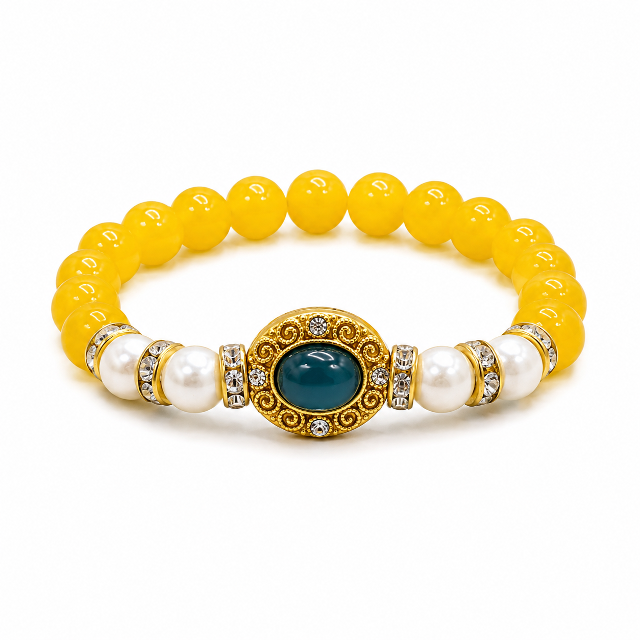 A yellow beaded bracelet with a central gold-toned medallion featuring a dark teal oval stone, flanked by white pearls and clear rhinestone accents, shown on a plain white background.