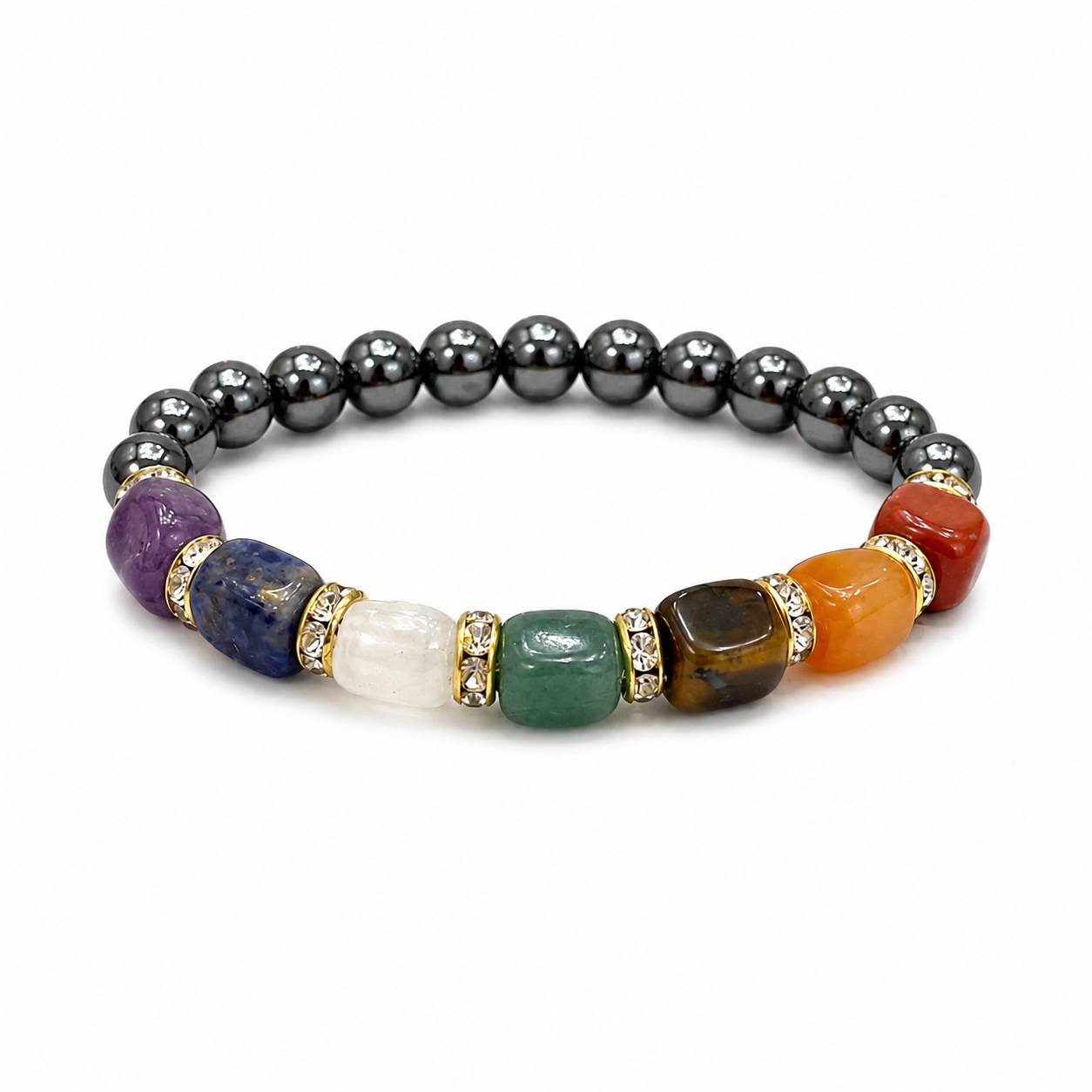 A beaded stretch bracelet featuring a row of dark gray metallic beads, accented by colorful stone beads in purple, blue, white, green, brown, orange, and red, separated by small gold spacers with clear rhinestones, on a white background.
