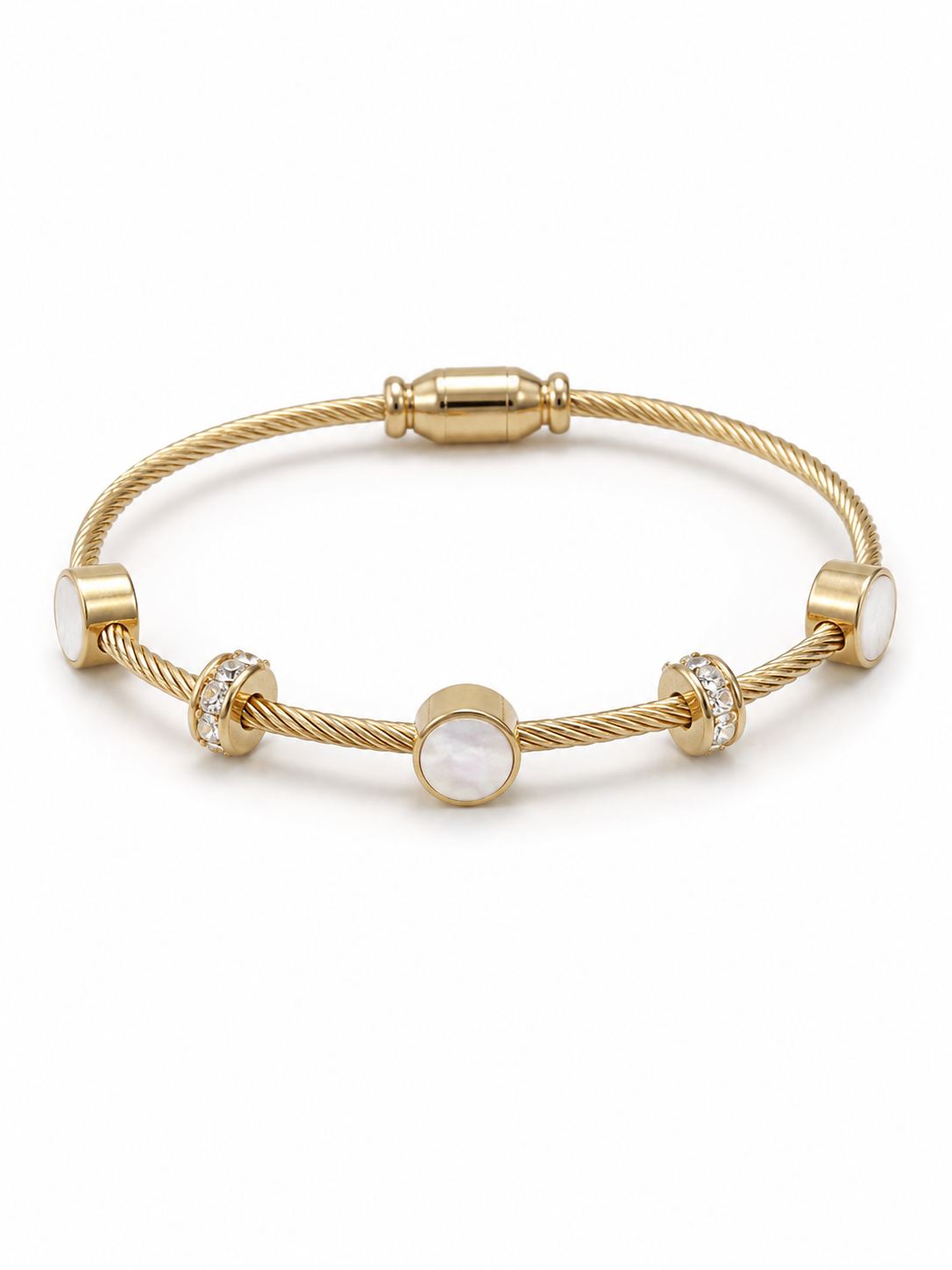 Natural White Moonstone Cable Bangle Bracelet in Gold PVD-Plated (Non-Tarnish) finish with genuine White Moonstone cabochons and crystal accent rings on a white background.
