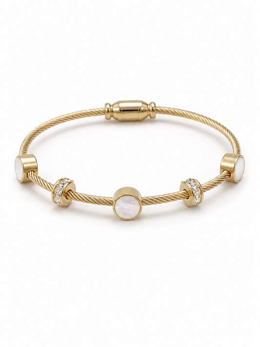 Natural White Moonstone Cable Bangle Bracelet in Gold PVD-Plated (Non-Tarnish) finish with genuine White Moonstone cabochons and crystal accent rings on a white background.