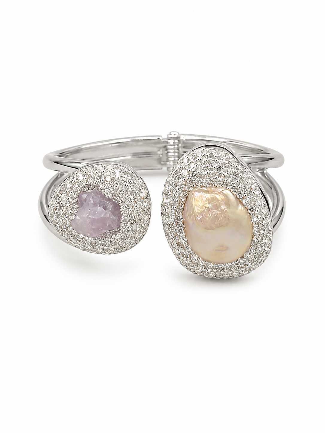 Natural Amethyst & Freshwater Pearl Open Cuff Bracelet with genuine Amethyst crystal, Freshwater Pearl, sparkling pavé detailing, and Silver PVD-Plated (Non-Tarnish) finish on a white background.