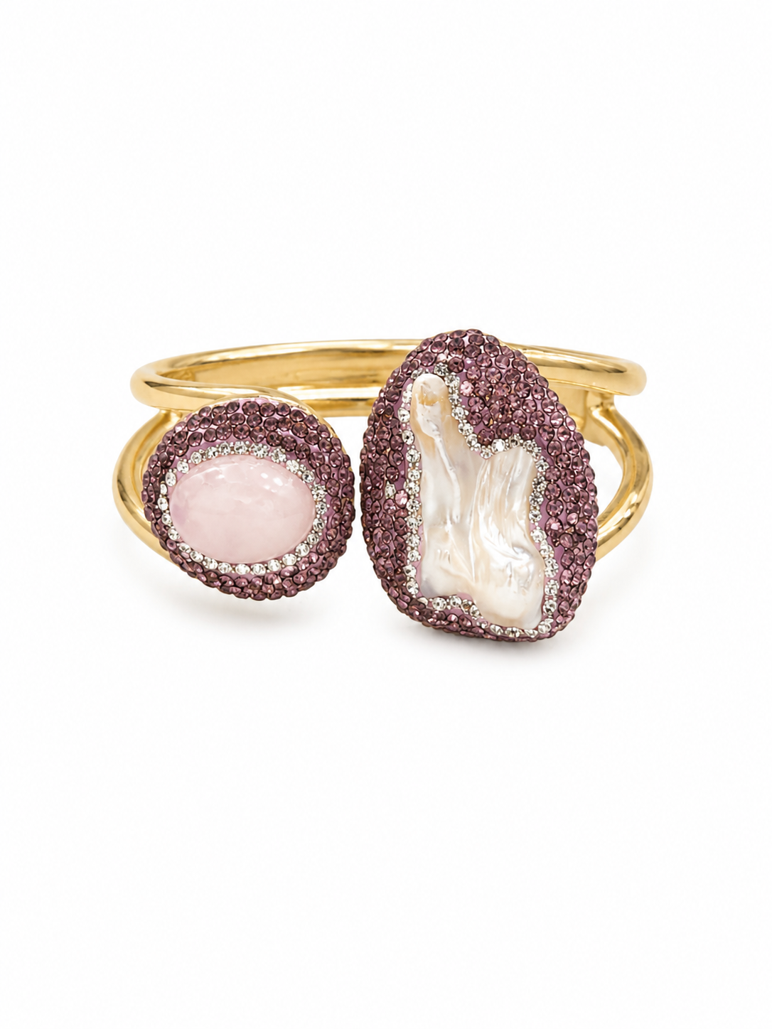 Natural Rose Quartz & Mother of Pearl Open Cuff Bracelet with genuine Rose Quartz, Mother of Pearl, sparkling pavé detailing, and Gold PVD-Plated (Non-Tarnish) finish on a white background.