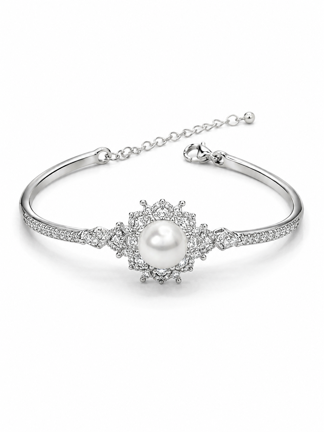 A silver-toned bangle bracelet featuring a central white pearl surrounded by clear pavé stones, with an adjustable chain clasp at the back, shown on a clean white background.