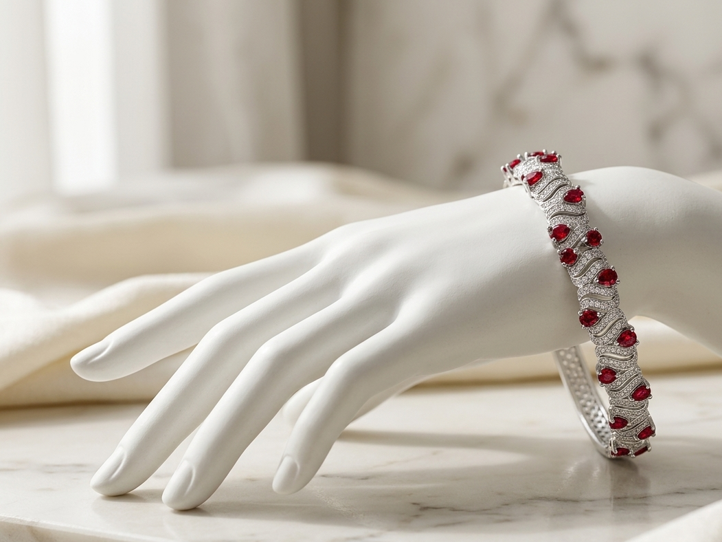 A silver-toned bangle bracelet with red gemstones, displayed on a white mannequin hand over a light marble surface.