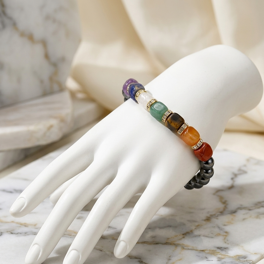 A multicolor beaded bracelet with gemstone-like round beads and metallic spacer rings, displayed on a white mannequin hand over a marble surface.