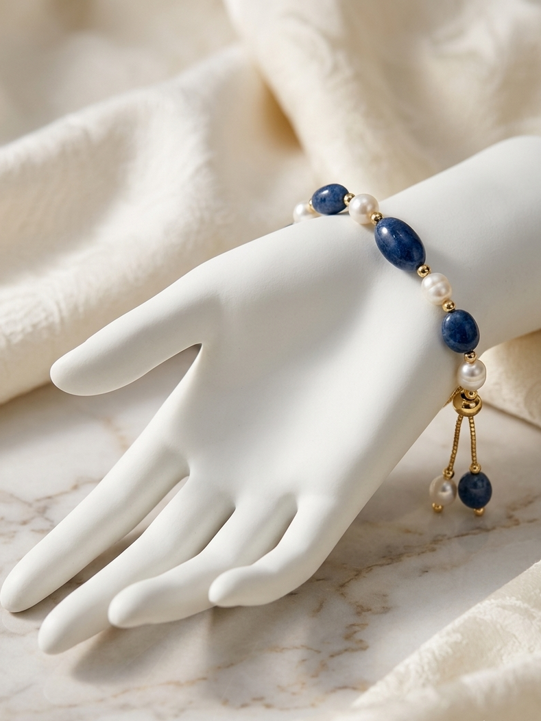 A beaded bracelet with dark blue stones, white pearls, and gold-toned spacers, displayed on a white mannequin hand over a cream fabric and marble surface.
