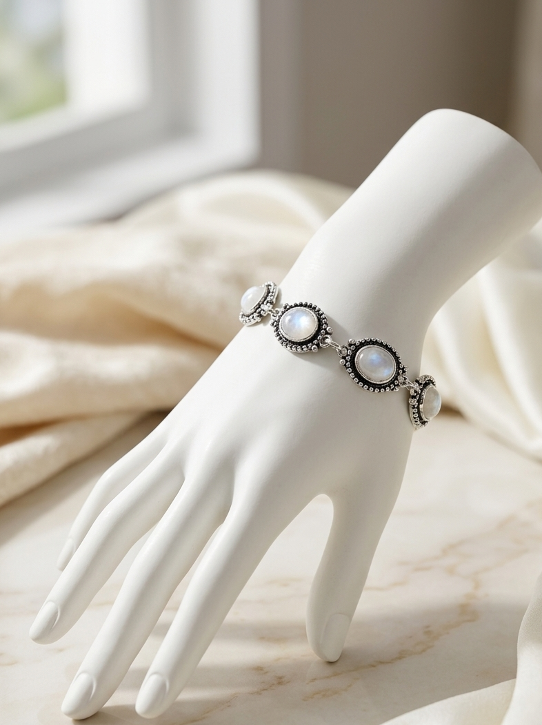 A silver-toned bangle bracelet with three oval white pearl-like centers and dark oxidized detailing, displayed on a white mannequin hand against a soft cream fabric and marble background.