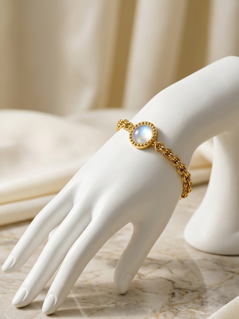 A gold chain bracelet with a central oval white pearl-like stone and a gold beaded border, displayed on a white mannequin hand over a marble surface with soft cream fabric in the background.