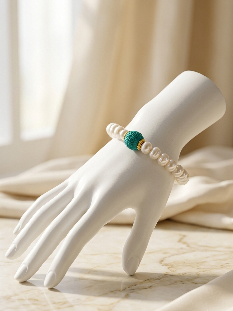 A white pearl beaded bracelet with a central turquoise and gold spacer bead, displayed on a white mannequin hand over a marble surface with draped cream fabric and a soft window background.