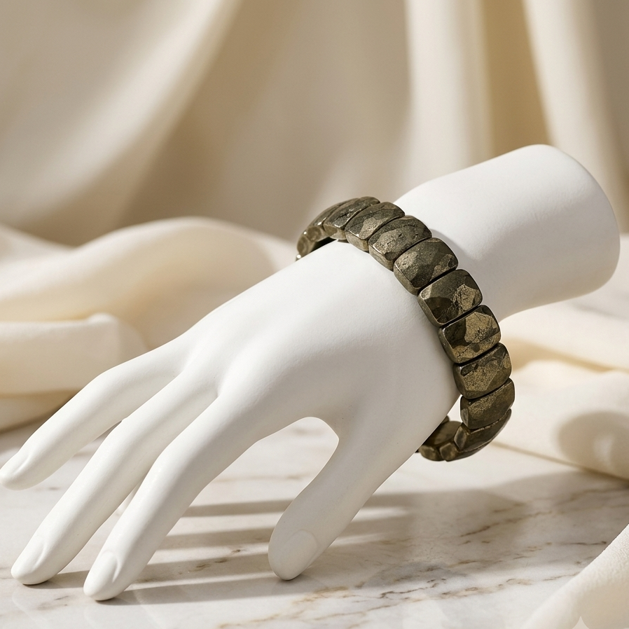 A dark metallic segmented bracelet displayed on a white mannequin hand, set against a soft cream fabric backdrop on a light marble surface.