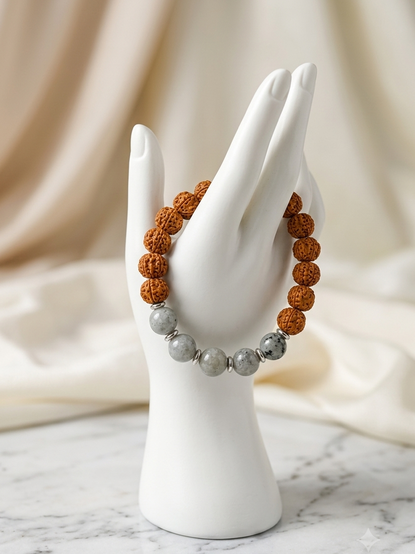 A beaded bracelet displayed on a white hand-shaped stand. The bracelet features textured brown round beads and polished gray marbled round beads, set against a soft beige draped fabric background.