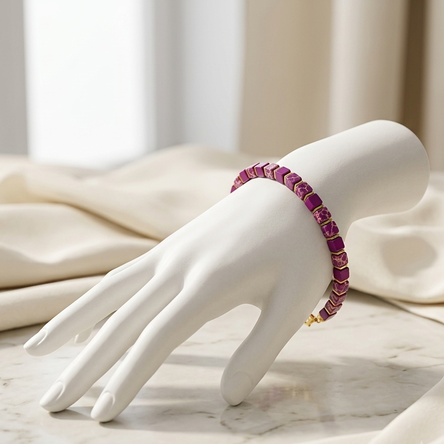 A white mannequin hand displays a beaded bracelet with alternating pink and purple beads and small gold accents, set against a soft cream fabric background.