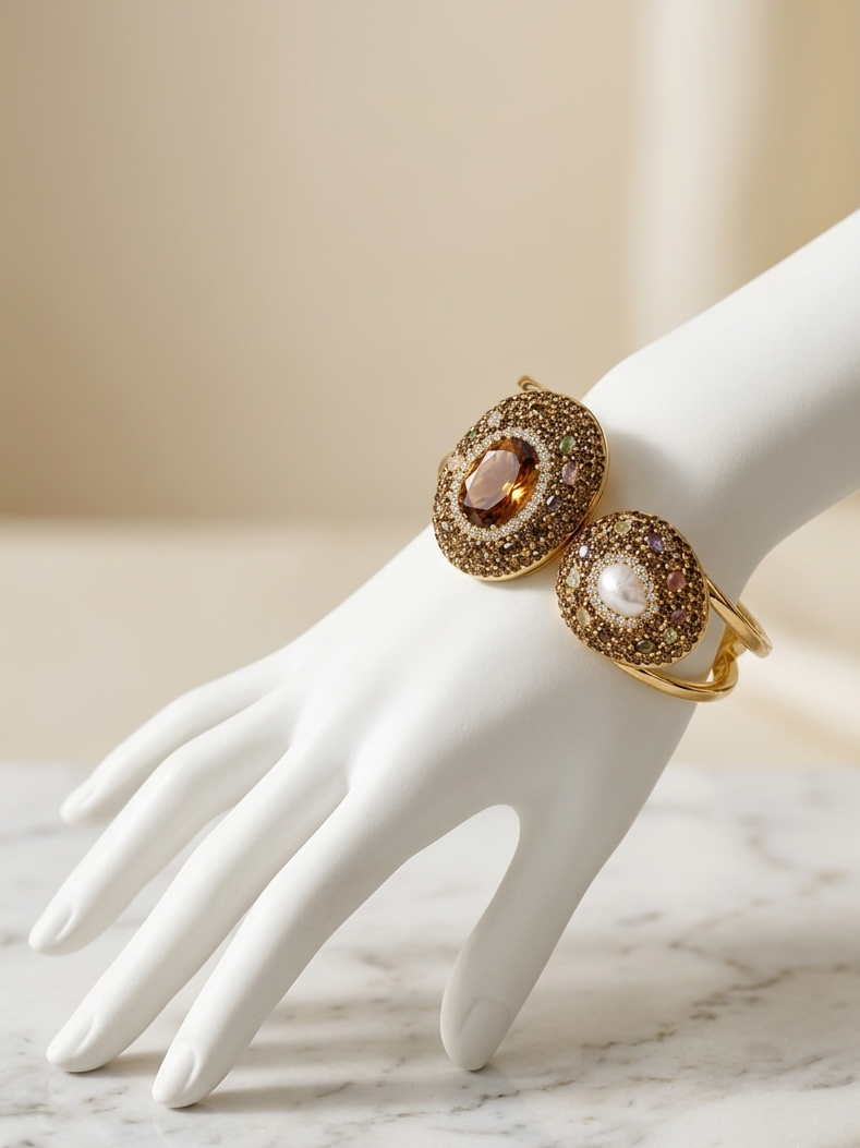 Imperial Citrine & Pearl Mosaic Luxe Cuff Bracelet displayed on a luxury white jewelry hand stand, showcasing the Natural Citrine centerpiece, Freshwater Pearl, multi-gemstone mosaic, and Gold PVD-Plated (Non-Tarnish) finish.