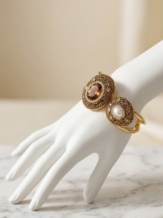Imperial Citrine & Pearl Mosaic Luxe Cuff Bracelet displayed on a luxury white jewelry hand stand, showcasing the Natural Citrine centerpiece, Freshwater Pearl, multi-gemstone mosaic, and Gold PVD-Plated (Non-Tarnish) finish.
