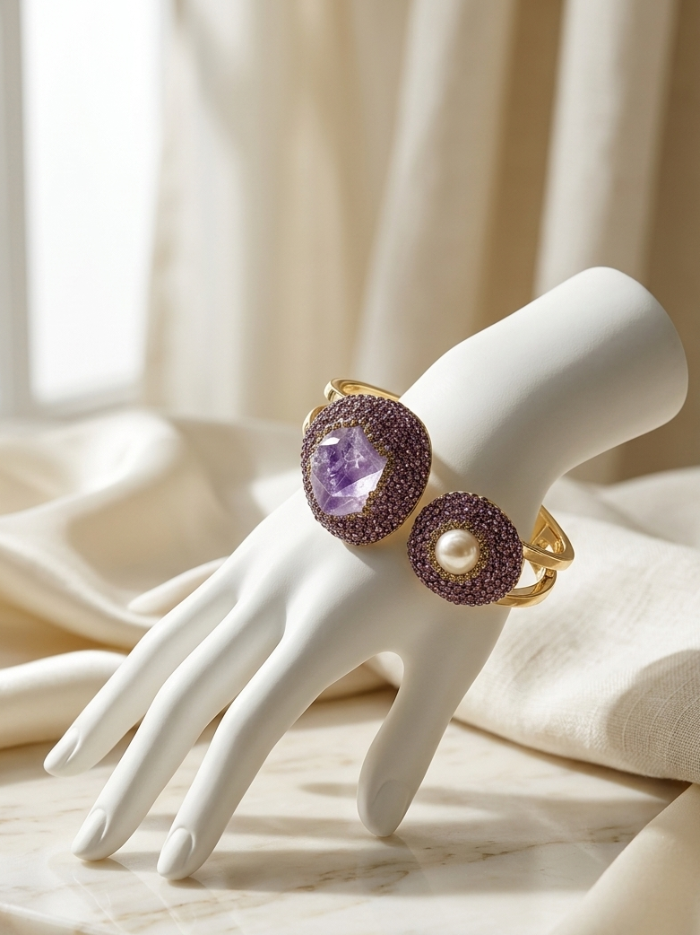 A gold ring displayed on a white mannequin hand, featuring one circular purple amethyst cluster and one circular white pearl cluster, set against a soft beige fabric and marble background.