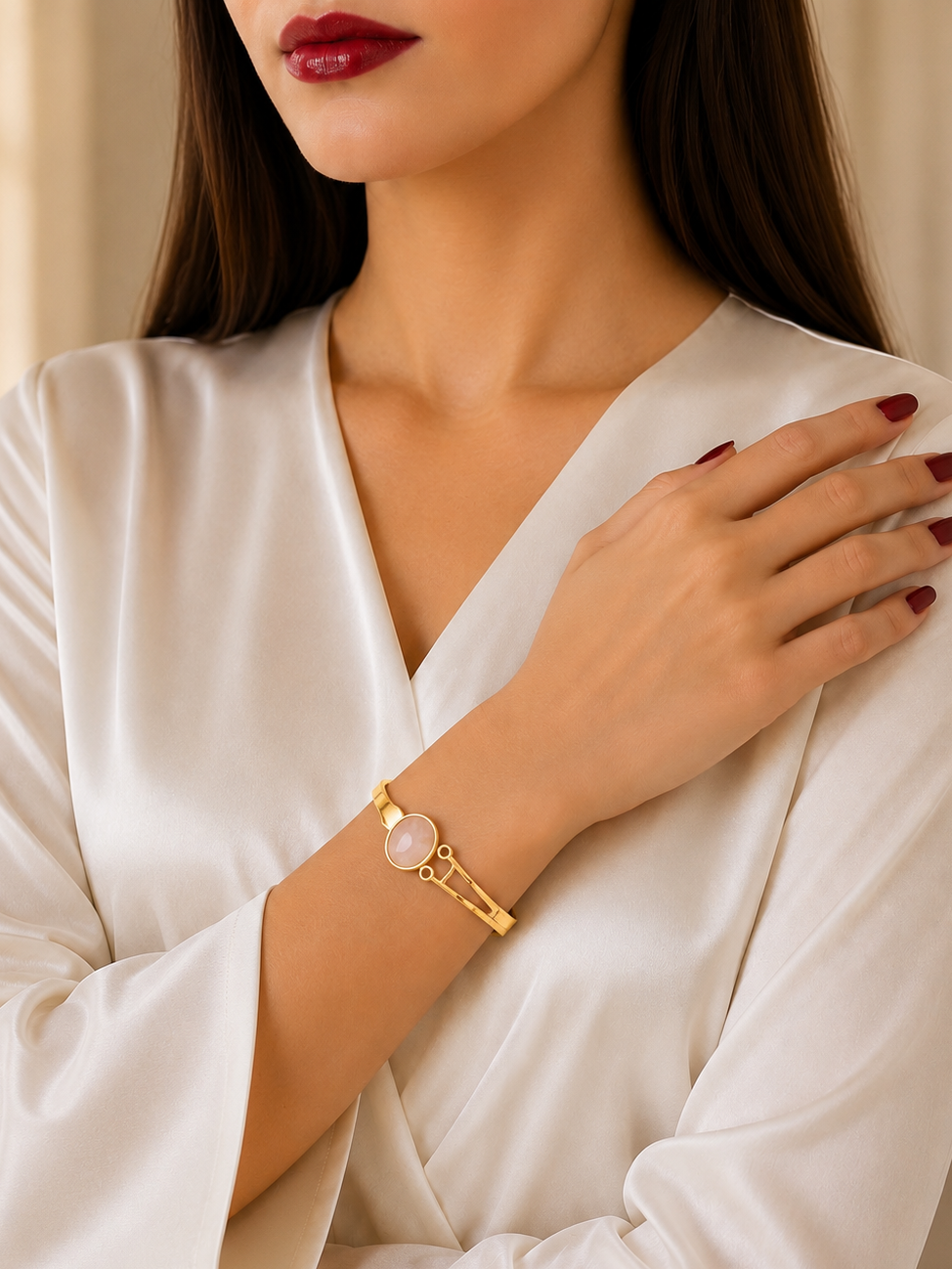 A woman wearing a white satin robe and red lipstick, showcasing a delicate gold bracelet with a round pale pink stone on her wrist.
