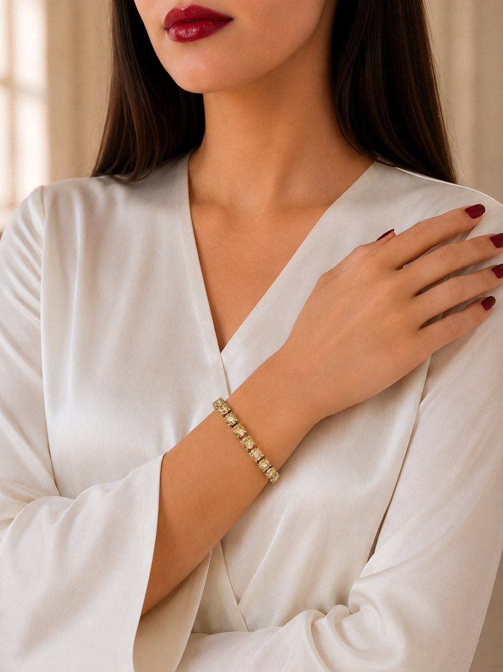A close-up of a woman wearing a delicate gold beaded bracelet on her wrist, paired with a white satin robe and dark red lipstick.