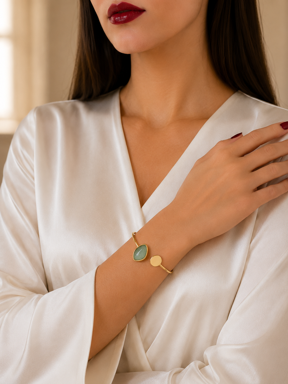 A close-up of a woman wearing a delicate gold cuff bracelet with a teardrop-shaped light green stone and a small gold disc, styled with a white satin robe.