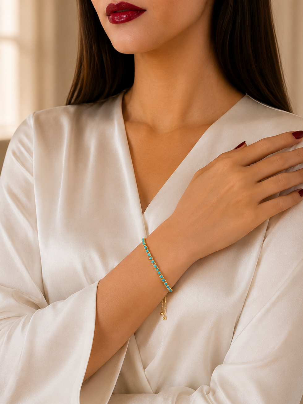 A woman wearing a delicate turquoise beaded bracelet with a small gold charm, styled with a white satin robe.