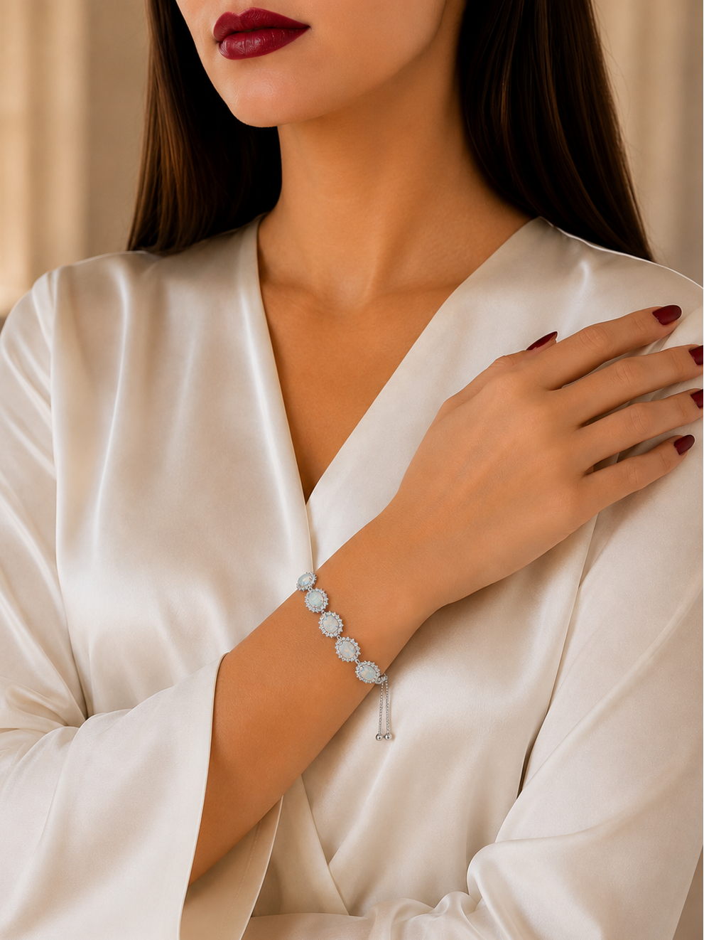 A woman wearing a white satin robe and dark red lipstick, showcasing a delicate silver beaded bracelet on her wrist.