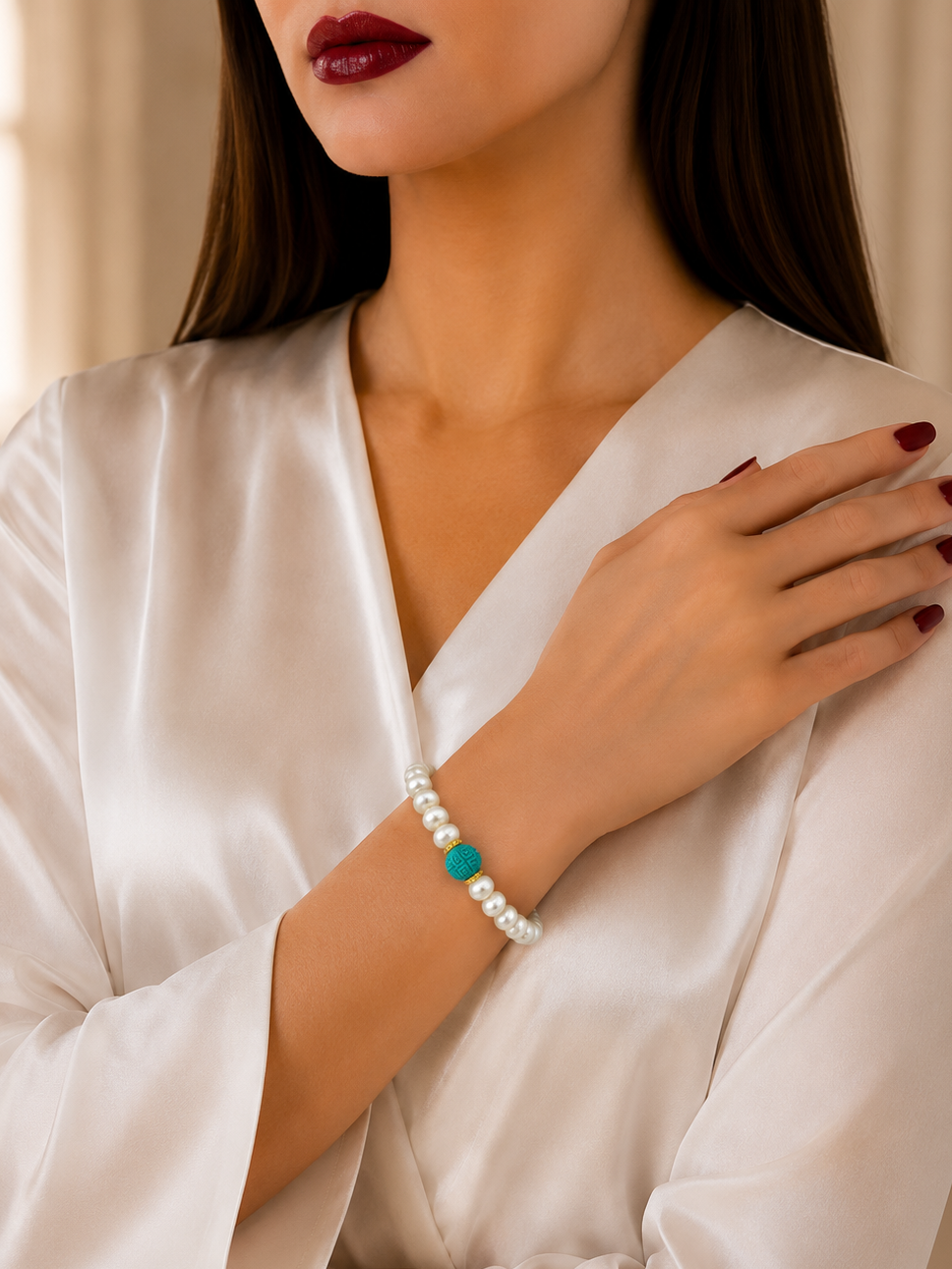 A close-up of a woman wearing a beaded bracelet with white pearl-like beads and a single turquoise accent bead, paired with a white satin robe.