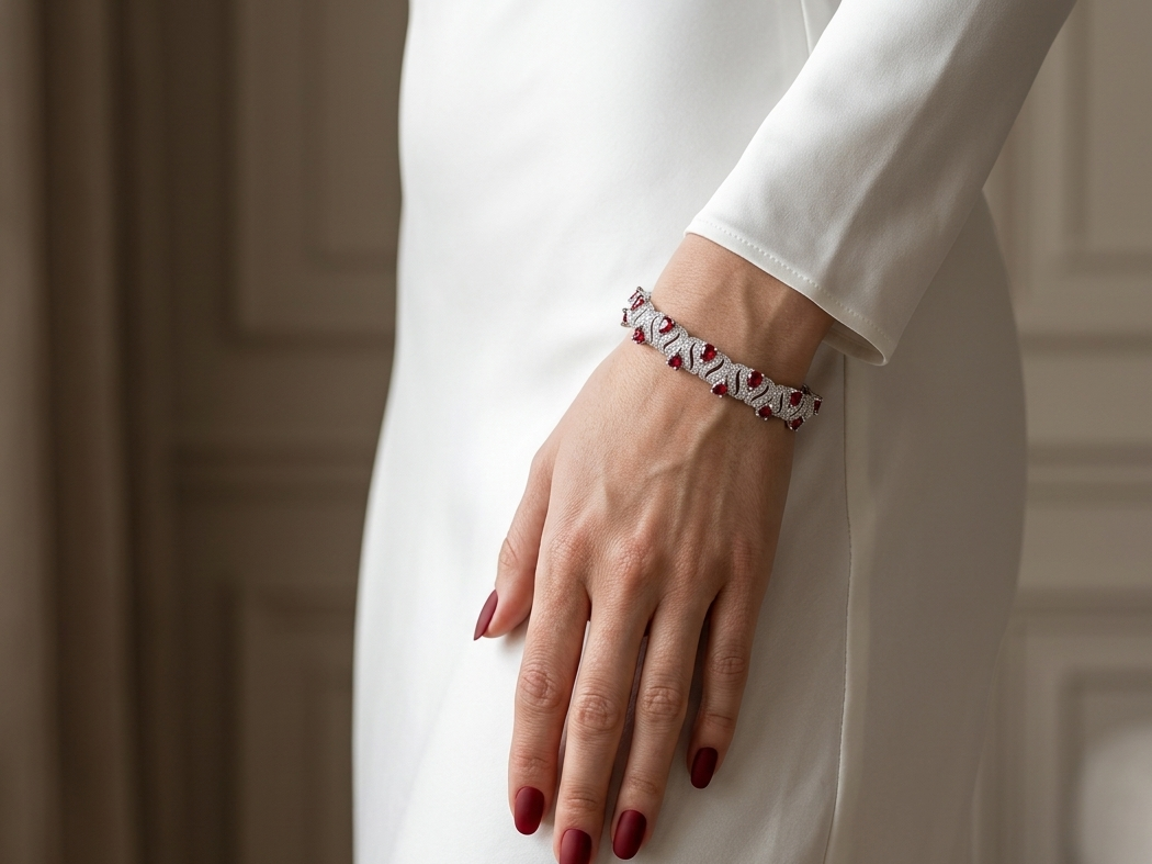 A close-up of a person's hand with dark red manicured nails, wearing a delicate patterned bracelet with white, pink, and red elements, while wearing a white long-sleeved dress in an elegant indoor setting.