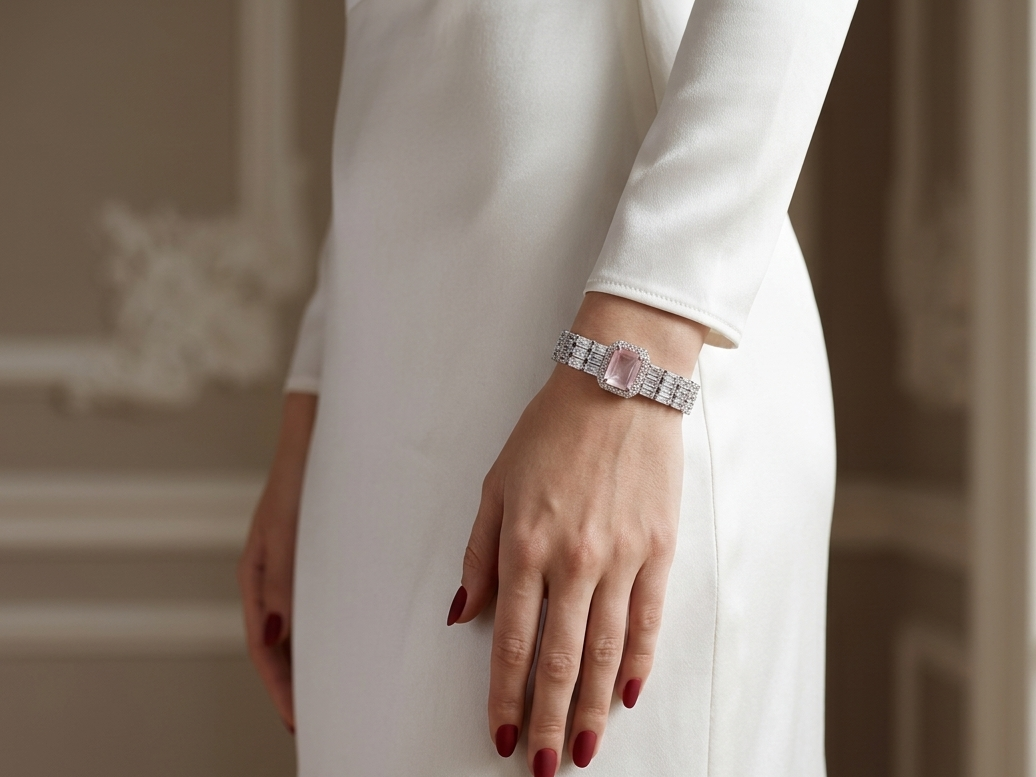 A close-up of a woman in a white long-sleeve dress wearing a silver-toned bracelet with a large pink gemstone and clear stones, set in a softly lit indoor environment.