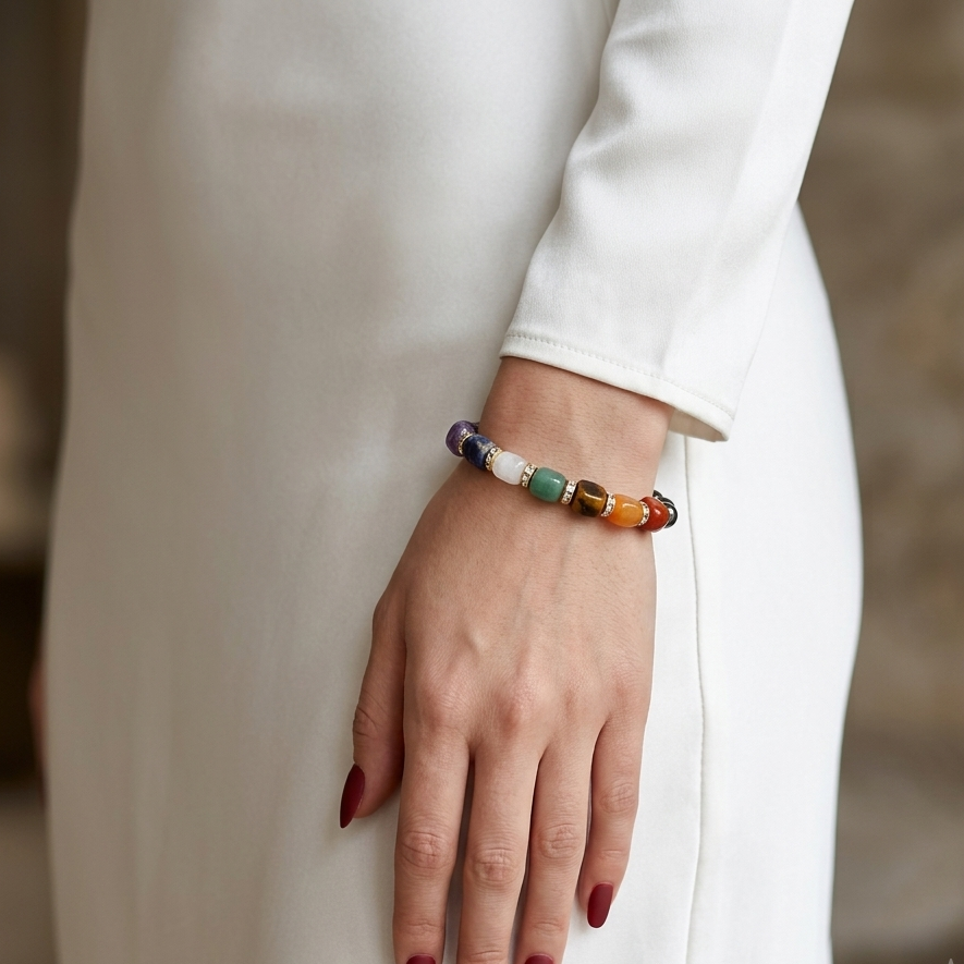 A close-up of a person's hand wearing a colorful beaded bracelet, dressed in a white long-sleeve top against a softly blurred neutral background.