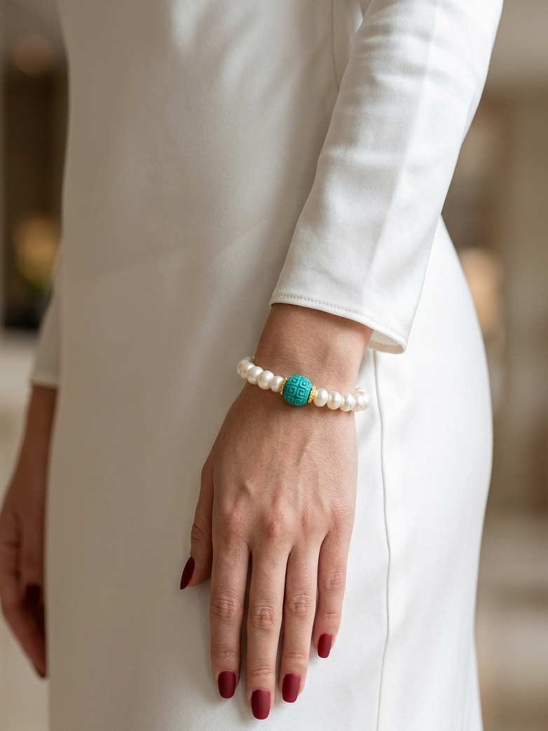 A close-up of a woman wearing a white long-sleeve dress, showcasing a beaded bracelet on her wrist. The bracelet features white pearl-like beads and a central turquoise-colored bead.