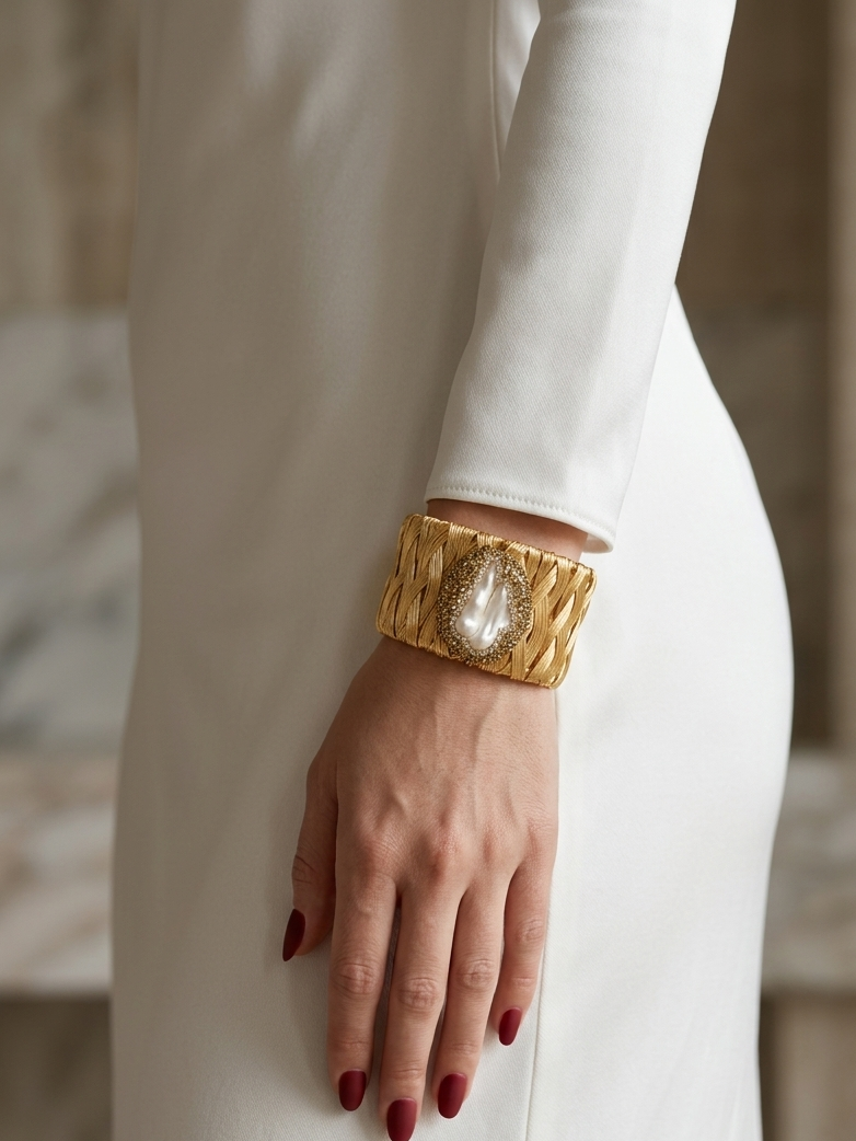 A close-up of a model's hand and arm wearing a chunky, textured gold cuff bracelet with a central oval clear stone, styled with a white long-sleeve dress.