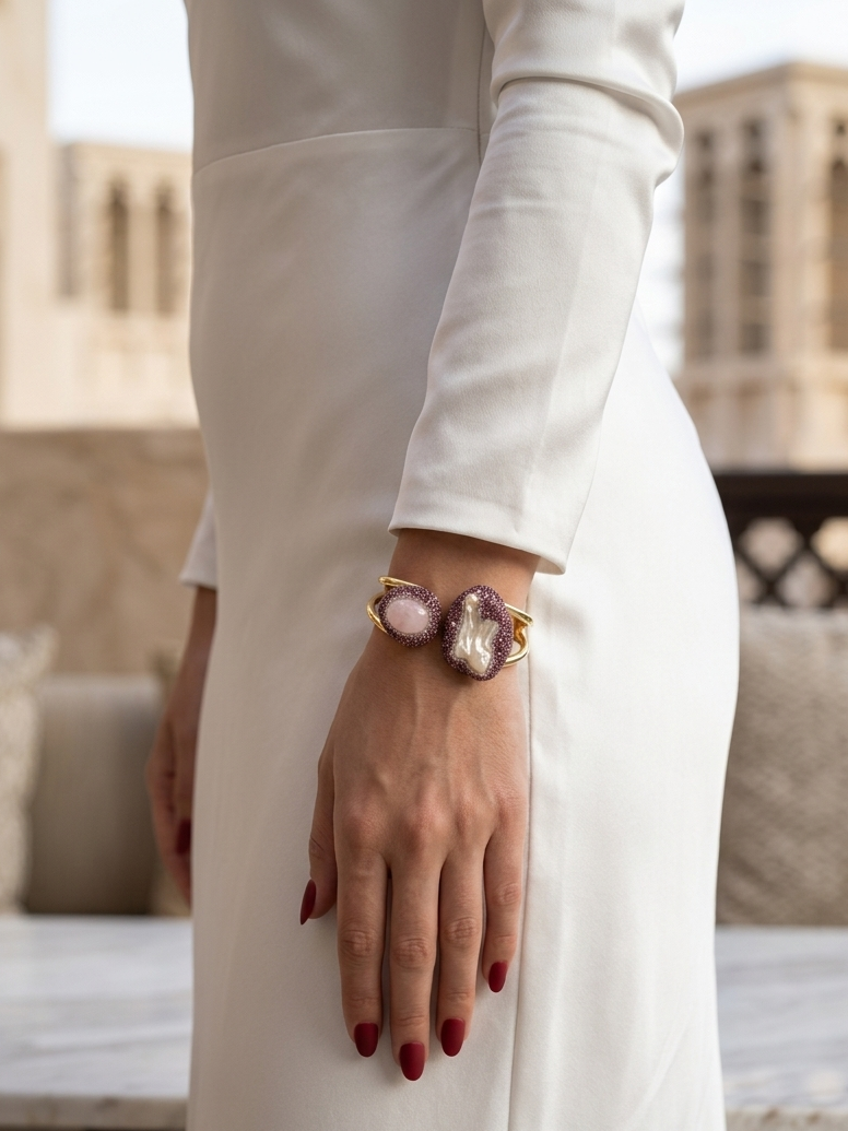 A close-up of a person wearing a gold-toned cuff bracelet with large oval pinkish-purple stones, paired with a white long-sleeve dress. The background shows a softly blurred outdoor terrace setting.