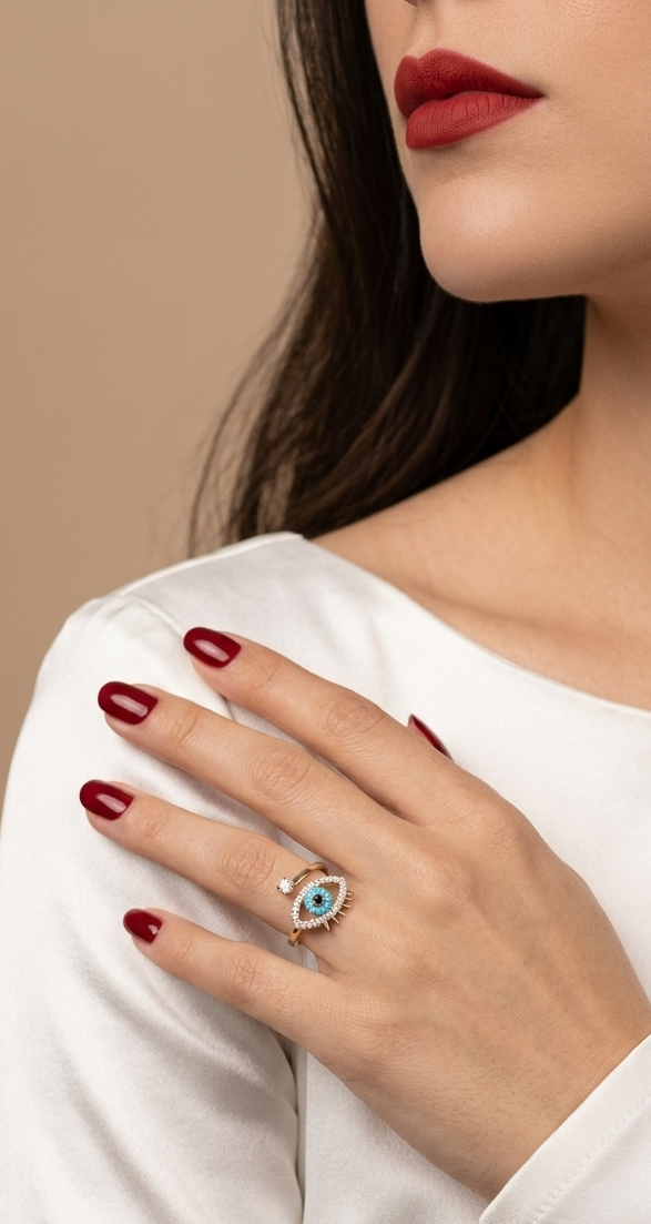 A close-up of a woman wearing a silver-toned ring with a turquoise and white stone, shown on her hand as she wears a white satin top against a warm beige background.