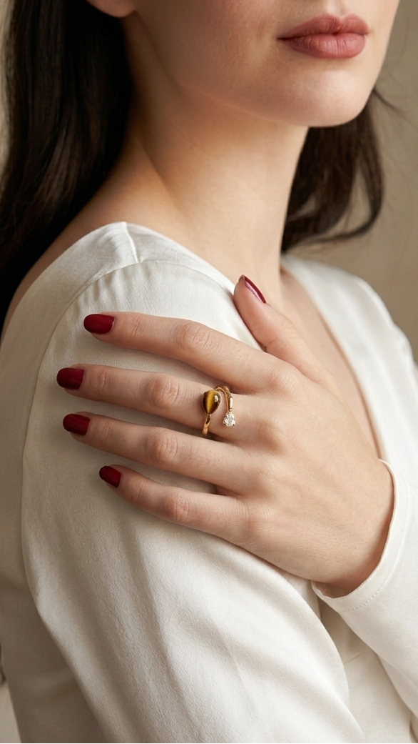 A close-up lifestyle shot of a woman wearing a gold ring with a clear central stone on her hand, which is resting on her shoulder. She is wearing a white long-sleeve top against a soft beige background.