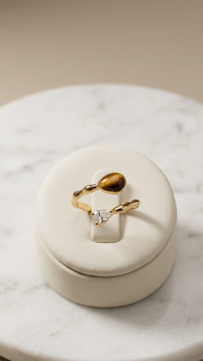 A delicate gold ring with a small clear heart-shaped gemstone and a larger polished gold bead, displayed on a cream-colored ring stand atop a round white marble tray.