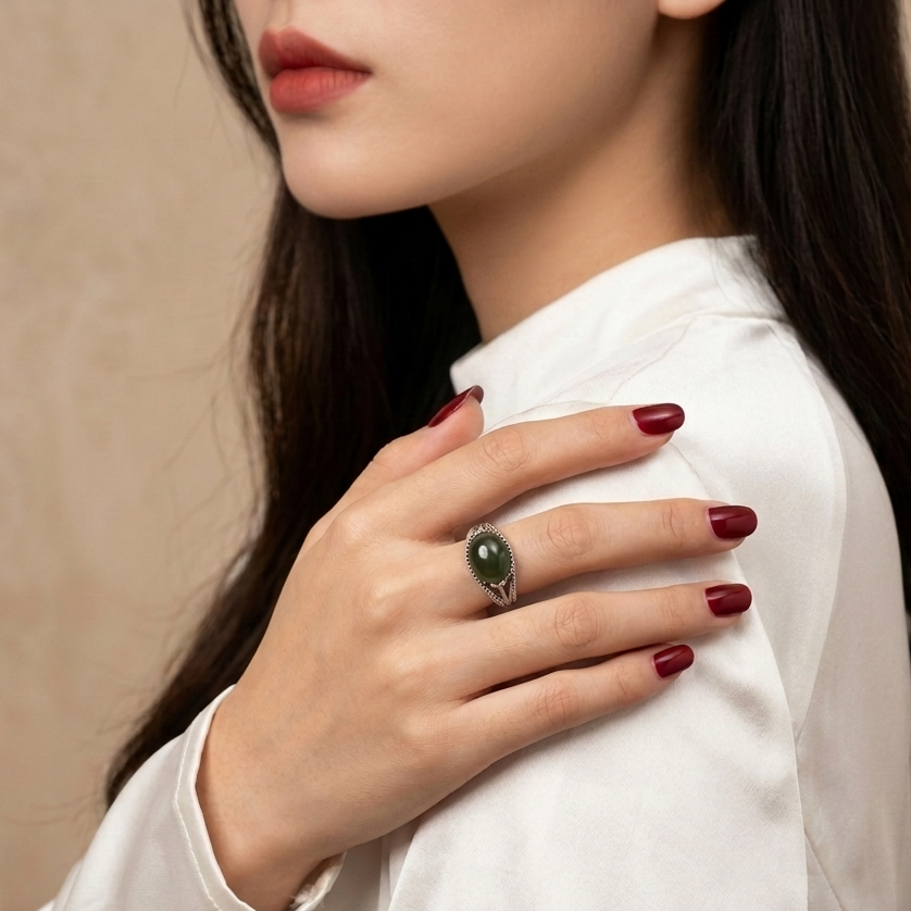 A close-up of a woman wearing a silver ring with a dark green oval stone, resting her hand on her shoulder against a soft beige background.