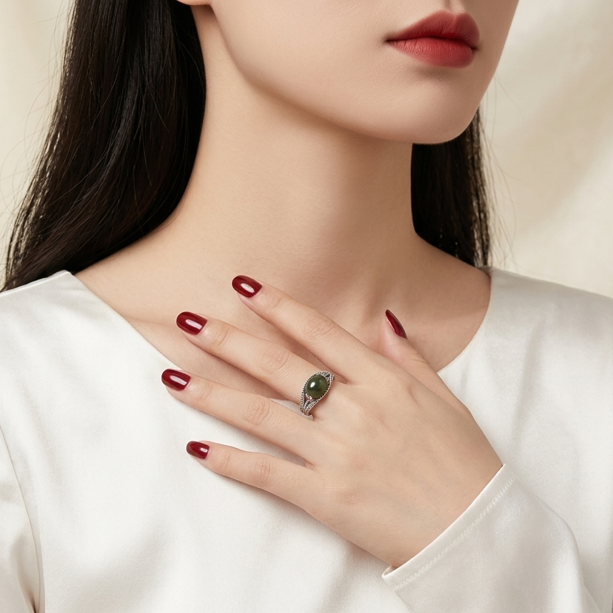 A close-up lifestyle shot of a woman wearing a silver ring with a green oval stone, resting her hand on her chest. She is wearing a white satin top and has dark red manicured nails.