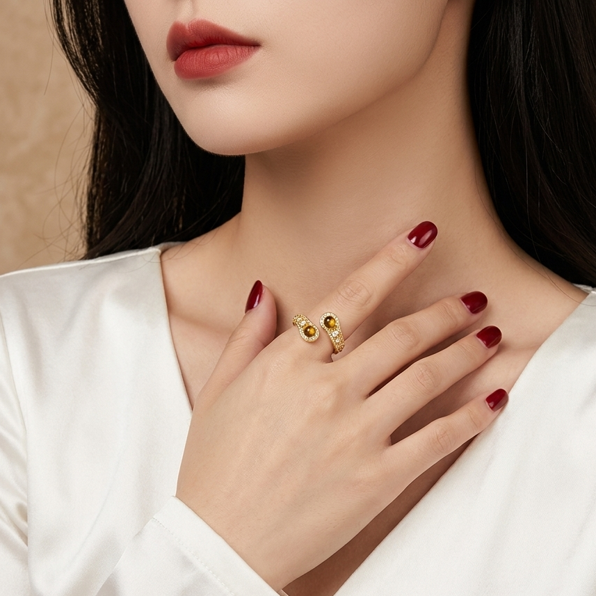 A close-up lifestyle shot of a woman wearing a gold ring with two small oval-cut yellow gemstones on her ring finger, styled with a white satin top and dark red nail polish.
