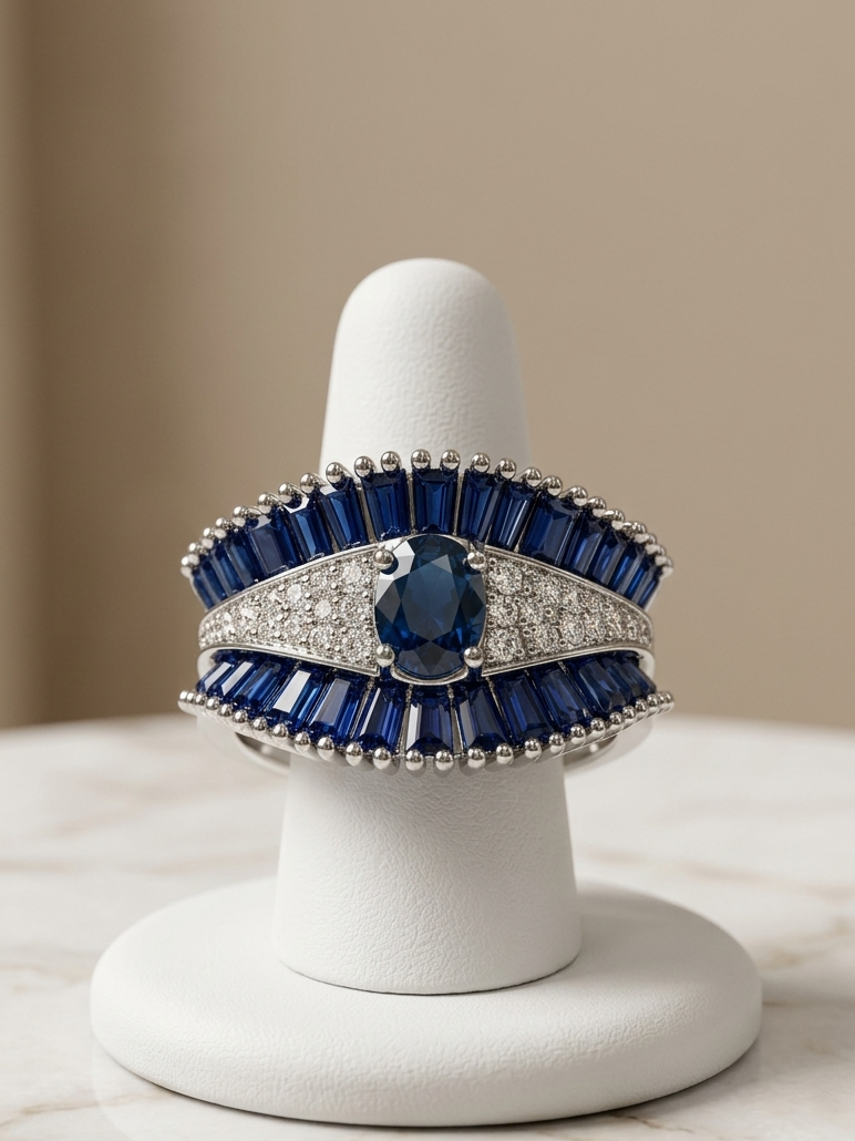 A luxury silver ring with a central oval blue sapphire and flanking baguette-cut blue stones, displayed on a white ring stand over a marble surface.