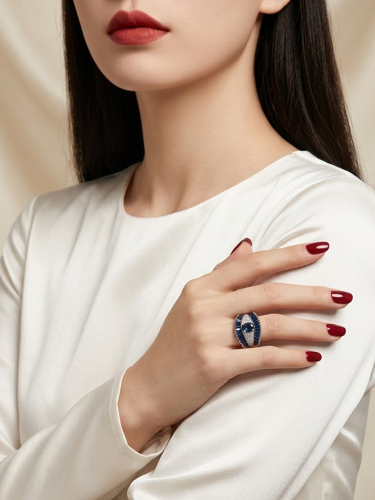 A close-up of a woman wearing a white satin long-sleeve top and a blue and silver ring on her finger, posed against a draped beige fabric background.