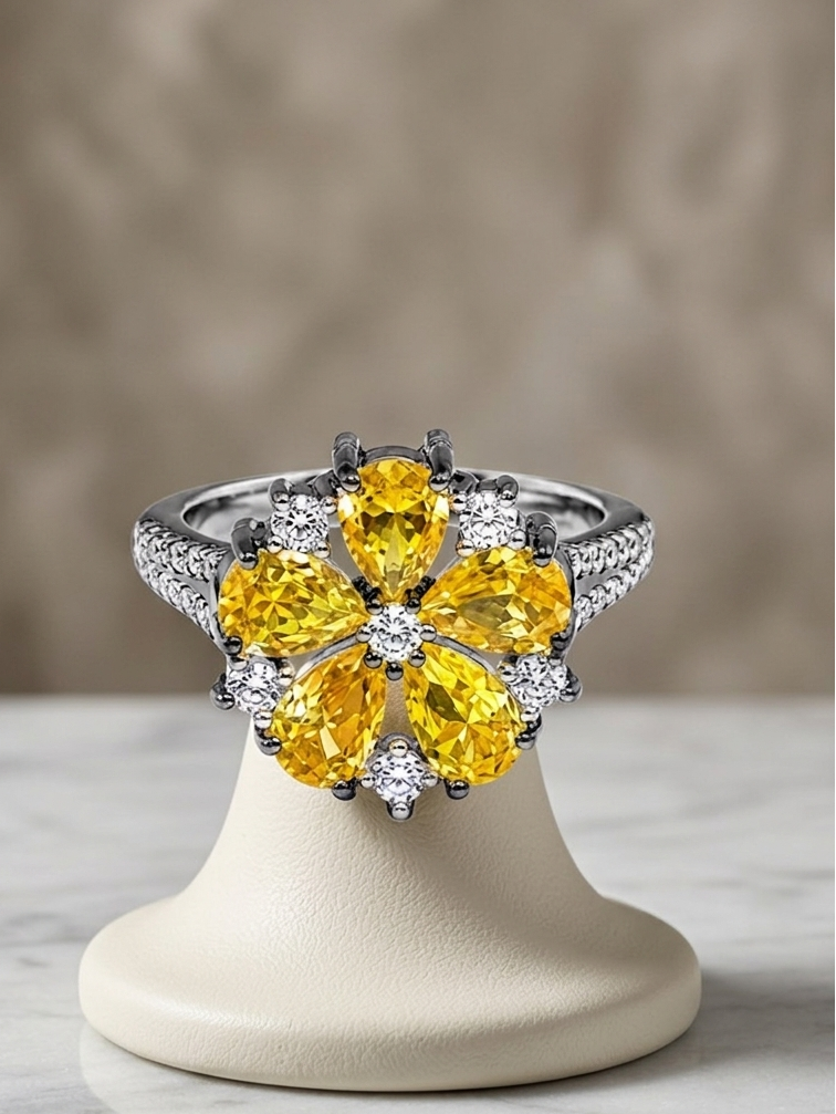A floral cluster ring with large yellow gemstones and small clear stones on a silver-toned band, displayed on a cream jewelry stand over a marble surface against a soft beige background.